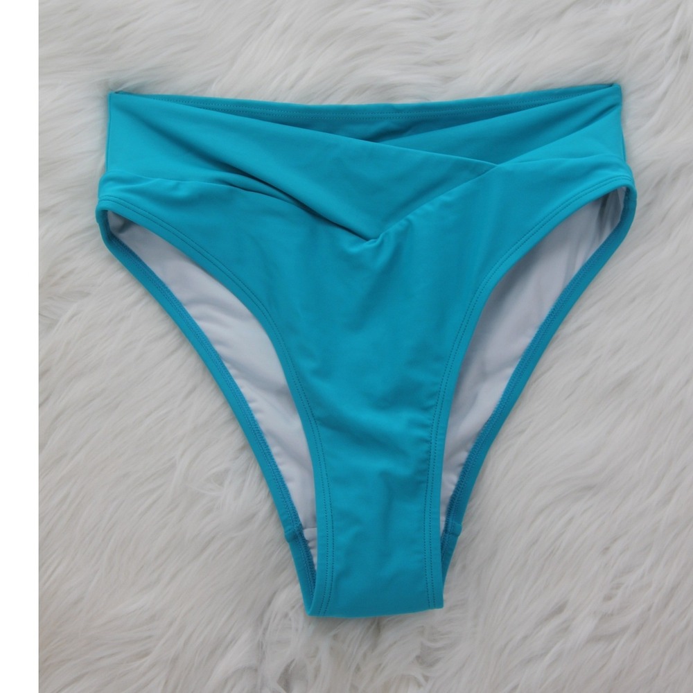 NWT Halara Crossover Bikini Bottom Swimsuit Size S Teal Blue High Waisted Cut
